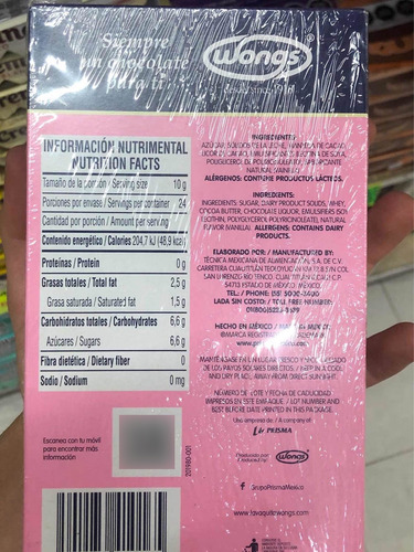 Chocolate Vaquita Con Leche Wongs Mediano 504 Pz 10 G C/u