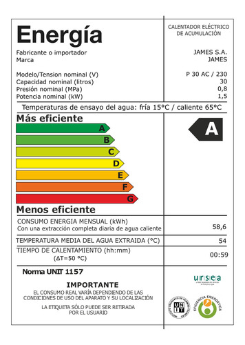 Imagen 2 de 5 de Calefon James 30 Lts Cilindrico Poliuretano Inyectado