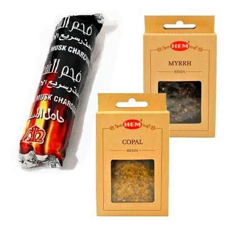 Pack Carbon Vegetal 10uni + Copal 30g + Mirra 30g