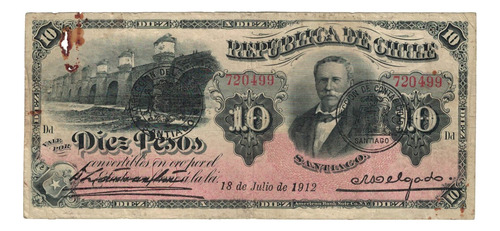 Billete De Chile 10 Pesos - 18 De Julio De 1912 Dificil