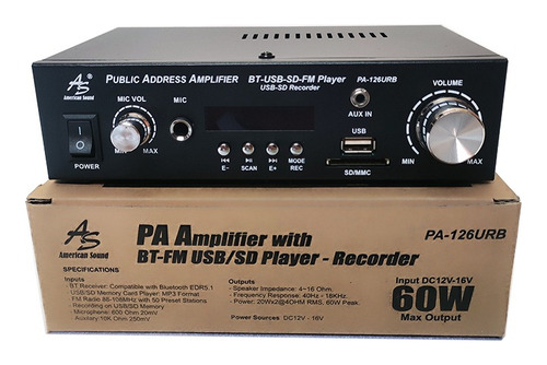 Amplificador 60w Perifoneo 12v Ambiental Sd Usb Bt Pa126urb