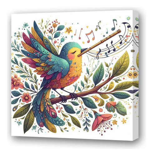 Cuadro 30x30cm Pajaro Tocando Flauta Flores Musical M4