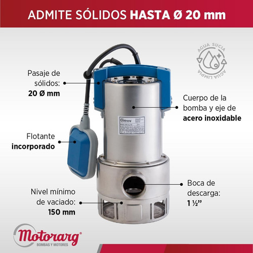 Imagen 3 de 11 de Bomba Desagote Agua Sucia Motorarg Sm Inox1100 1.5 Hp