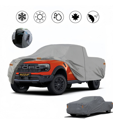 Rizzup® 6.0m Funda Para Pickup 100% Impermeable Cubiertas Para Autos Coche Protector Automovil Vehiculos Accesorios Gris Oscuro 4 Tiras Reflectantes Incluye Cremallera Lateral