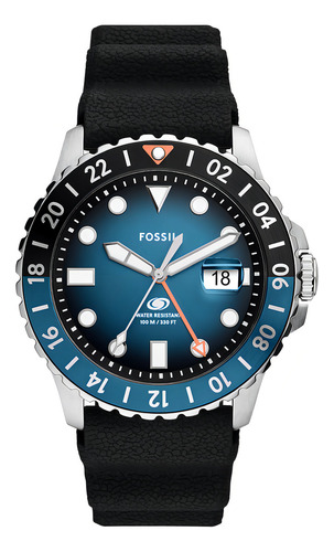 Relógio masculino Fossil Fs6049 azul, pulseira preta, moldura prateada, fundo azul