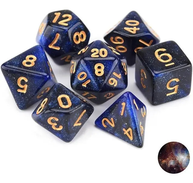 Conjunto De Dados Rpg Glitter Azul C/ Preto c/n Dourado D&d