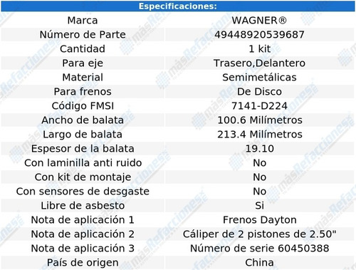 Kit De Balatas Semimetalicas Del Wagner B6000 7.0l 83 Al 85