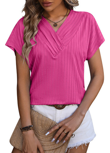 Camiseta De Manga Corta De Jacquard De Color Liso Rosa Mujer