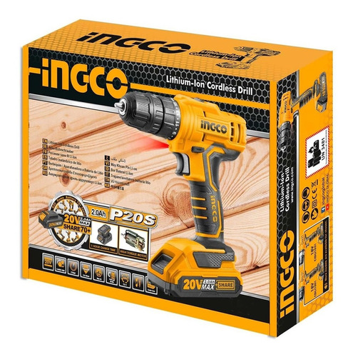 Imagen 2 de 2 de Taladro inalámbrico de 10mm Ingco CDLI20011 20V + accesorios con caja de cartón 220V - 240V 50Hz/60Hz
