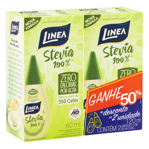 Pack Adoçante Líquido Stevia Linea Caixa 120ml 2 Unidades Grátis 50% de Desconto na 2ª Unidade