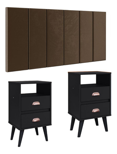 Cabeceira Estofada 1,4 Modular Kit Mesa Pequena Pés Retrô Cor Marrom Suede | Preto