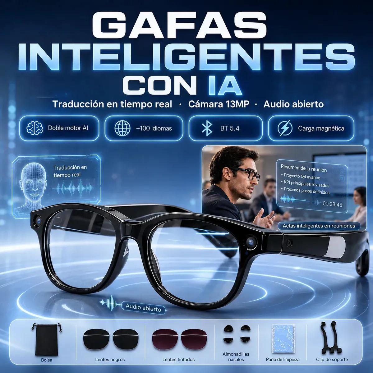 Lentes Inteligentes Con Bluetooth y Cámara IA 13MP, Gafas Smart Con IA y Traductor Tiempo Real, Lentes Con Cámara, Asistente IA, Audio Abierto Bluetooth 5.4, Fotos y Video Para Via