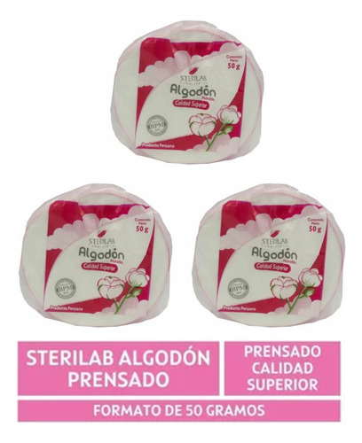 3pack Sterilab Algodón Pima Prensado 50 Gramos