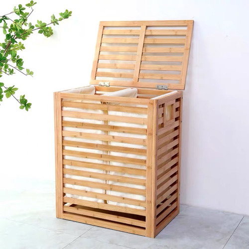 Cesta De Madera Dos Compartimentos Para Ropa Sucia Con Tapa