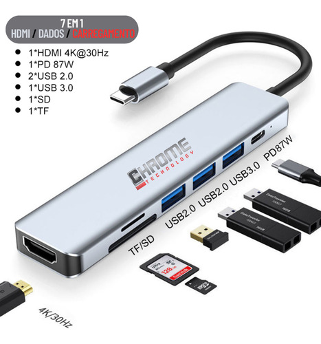Hub Usb Adaptador 7 Em 1 Tipo C Thunderbolt Air M1 M2 Dex Hdmi 4k 7 Em 1 P/ Macbook Air Pro M1 S22 S23 S24 Em Modo Dex Pc Chrome Technology