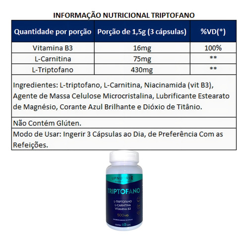 Triptofano 500mg C/ L-carnitina E Vitamina B3 - 60 Cápsulas Sabor Sem Sabor