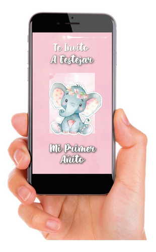 Tarjeta Invitación Virtual Animada Elefante Rosa Pastel
