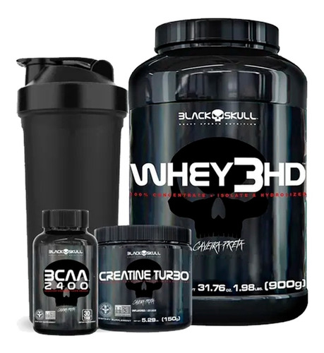 Whey 3hd 900g + Bcaa 2.400 + Creatina + Shaker - Black Skull