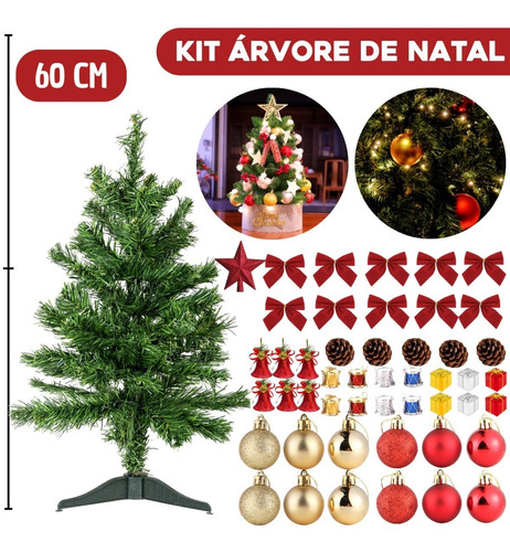 Árvore De Natal Verde 60cm Completa Decorada Pinheiro Luxo | Frete grátis