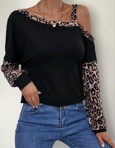 Blusa Asimetrica Leopardo Negra Mujer