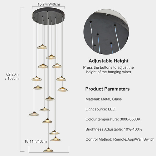 Lámpara Colgante Led Moderna Regulable De 15 Luces Para Sala