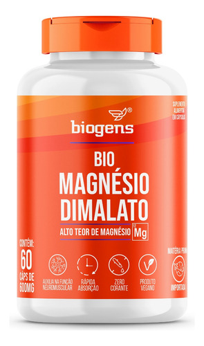 Bio Magnésio Dimalato 600mg 60 Caps Veg, Alto Teor, Biogens Sabor Neutro