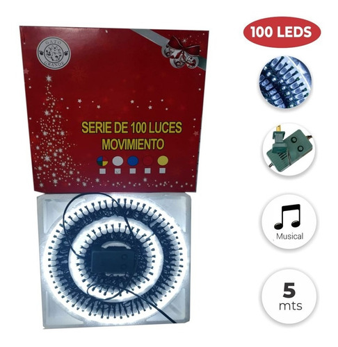 Luces Navidad - 100 Luces Led Blanco Musical 5 Mts 