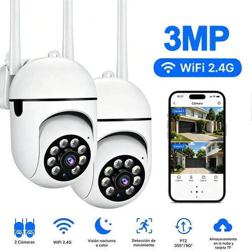 2 Pcs Cámaras De Seguridad WiFi 2.4G Hd1080P 3MP 360° Exterior/Interior Con Visión Nocturna Audio Bidireccional Y Alarma