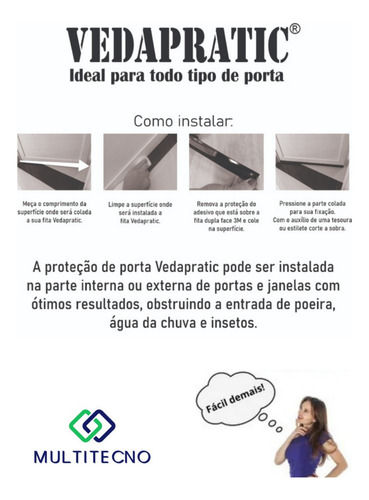 Veda Portas, Portões E Janelas 4,0 Cm Altura, Evita Entrada De Insetos, Animais Peçonhentos, Agua Da Chuva, Poeira, Proteção Acústica, Borracha Preta E Adesivo 3m Do Brasil Vedapratic 3 Metros