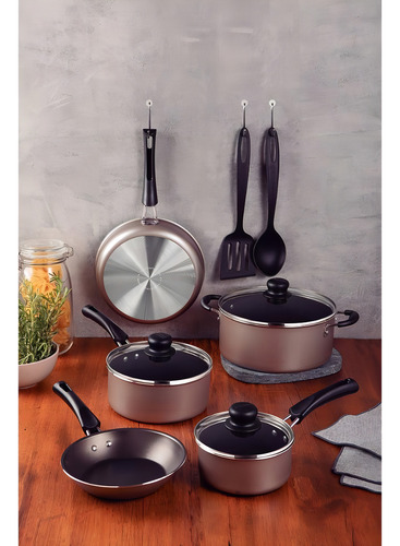 Jogo De Panelas Tramontina C/ Utensílios Simple Cooking 7 Pç Cor Champagne