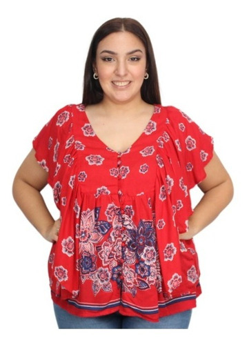 Blusa Print Flores Volados Abotonada Talle Grande Importada