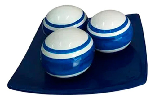 Centro De Mesa Prato 3esferas Em Cerâmica Azul E Branco