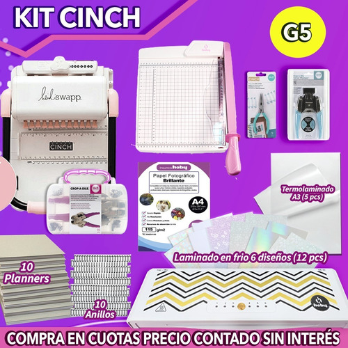 Kit Encuadernadora Cinch Rosa + Herramientas + Foliadora G5