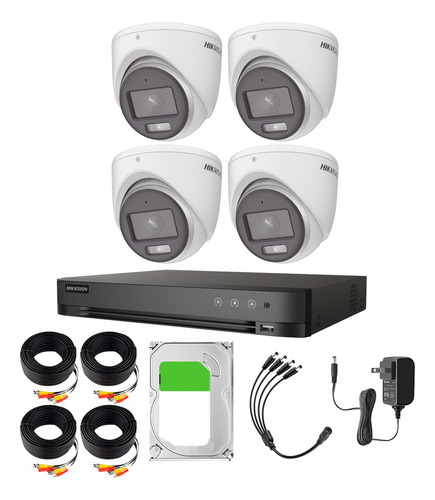 Hikvision Kit De 4 Cámaras De Seguridad Metálicas Con Micrófono Integrado Turret 3k 5mp Imagen A Color 24/7 Exterior Ip67 + Dvr 8mp 4 Canales Turbohd + 4 Canales Ip + 2tb Hdd Ids2ce70kf0t-plus+2tb