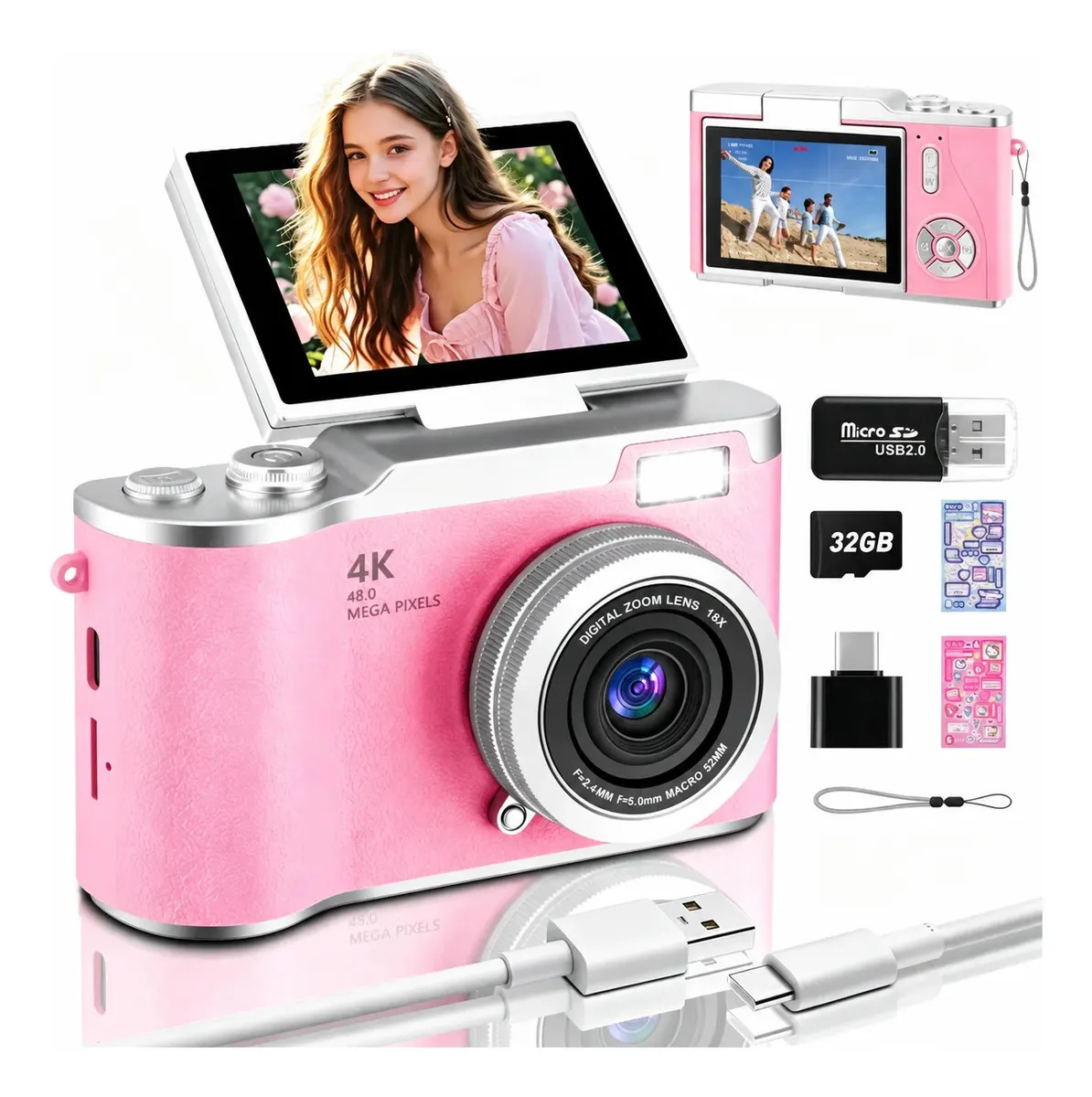 Cámara Digital Fotos De 4k Video Con Voltear La Pantalla 180°, Beaowink Recargable Cámara Webcam Principiantes De 4800w Lente 1080p, Profesional Zoom 8 Veces Con Filtros, Flash+32gb Tarjeta Para Niños