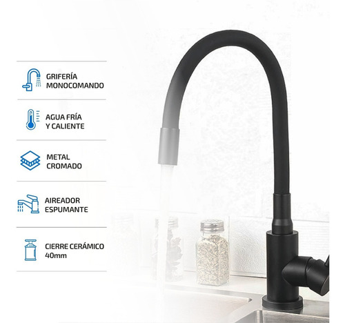 Imagen 2 de 9 de Griferia Cocina Canilla Monocomando Cuello Goma Negra Mate