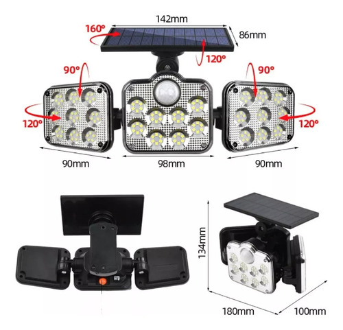 Foco Triple Luz Solar Cabezal Ajustable Sensor Movimientos