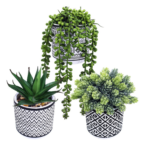 Plantas Artificiales Con Maceta Geometrica Color Negro 3 Pz