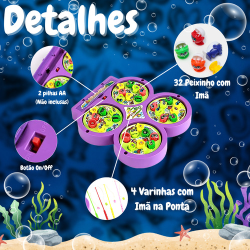 Jogo Pega Peixe Com Ímã Brinquedo 32 Peixes Pescaria Giratório Divertido