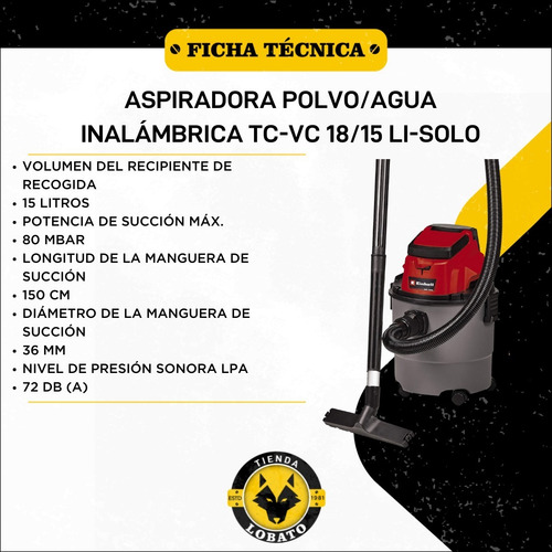 Imagen 5 de 10 de Aspiradora Inalámbrica Einhell Tc-vc 18/15 Li + Starter Kit