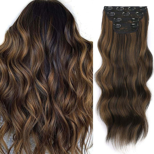 4 Piezas Extensiones Clip Cabello Mechas Marrón For Mujeres