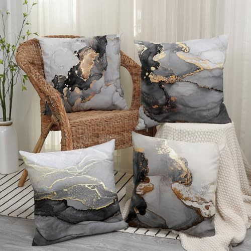 4 Fundas De Almohada Jaspeadas En Oro Negro Y Plata, 45 X 45