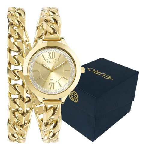 Relógio Feminino Euro Chains Dourado Luxo Pulseira Corrente