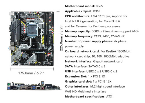 Placa Base B365 Lga 1151 Atx, Para Intel I3 I5 I7 Ddr4 M.2 Negra