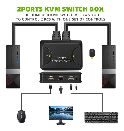 Conmutador Kvm Hdmi De 2 Puertos 4k, 2 Computadoras Com...