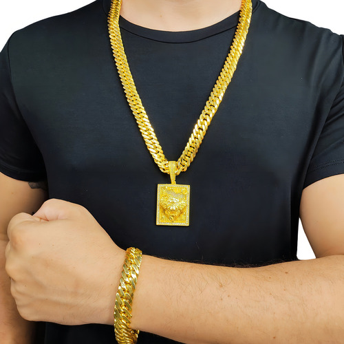 Corrente E Pulseira 13mm Grossa Elos Duplos + Leão Cravejado Cor Ouro 18k