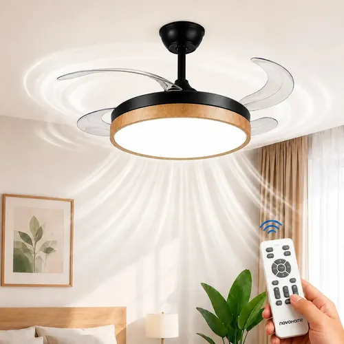 Ventilador De Techo Retracil Novohome Luz Led Y 4 Aspas Retractiles Silencioso Con Control Remoto Color Negro Y Madera Estilo Bamboo - imagen 1