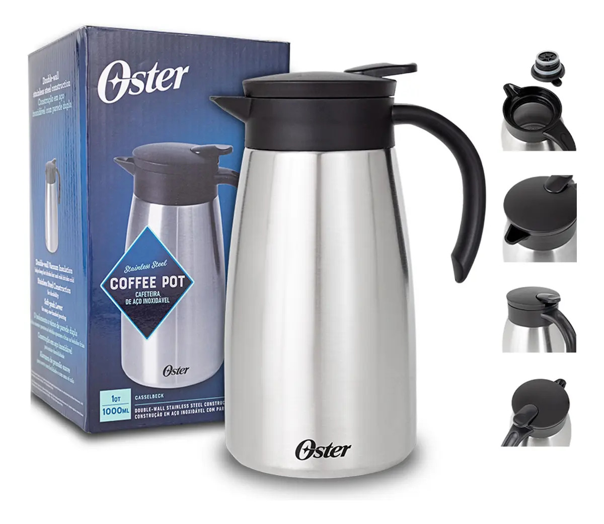 BULE TÉRMICO 1000 ML CASSELBECK OSTER - CORPO EM AÇO INOXIDÁVEL, ALÇA EM BAQUELITE ANTITÉRMICO, BICO DOSADOR COM GATILHO DE LIBERAÇÃO