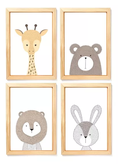 4 Quadros Decorativos Infantil Animais Escandinavos Safari