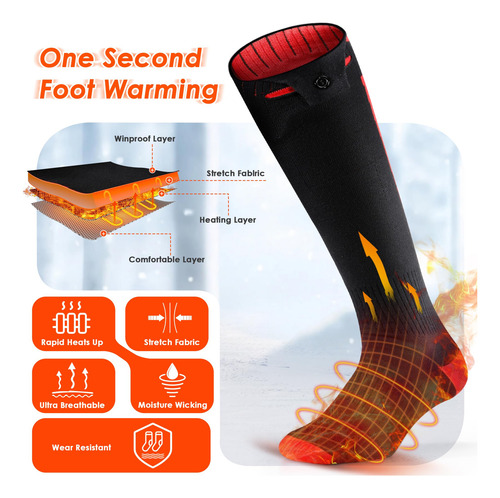 Calcetines Calefacción Eléctrica Recargables 9 Horas Unisex Negro & Rojo Diseño De La Tela Talle